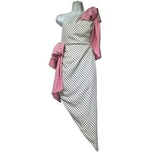 Marianna Senchina One Shoulder Polka Dot Dress XS White Pink Bow Asymmetrical